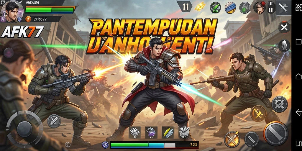 Layar gameplay AFK77 menampilkan pertempuran intens antara karakter dan musuh.