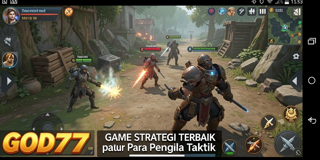 Screenshot gameplay GOD77 menunjukkan pertempuran strategi yang mendebarkan.