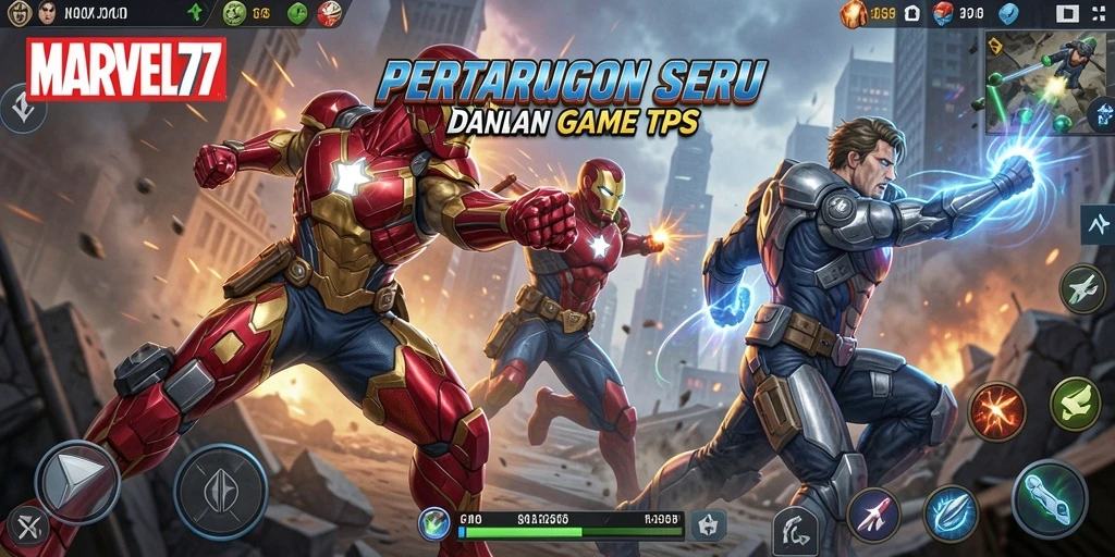 Screenshot utama MARVEL77 menampilkan aksi pertempuran TPS yang intens.