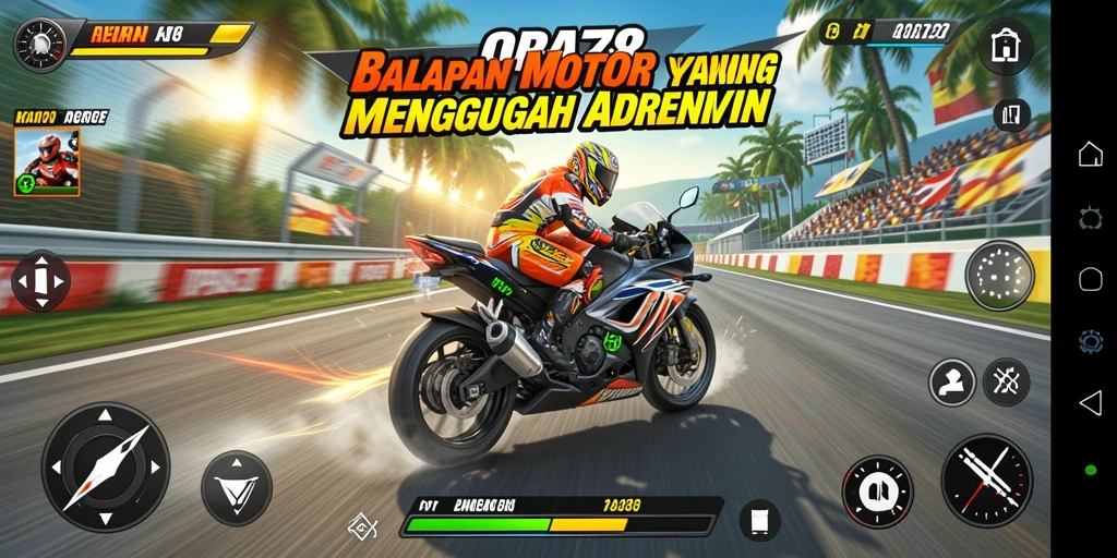 Screenshot utama ORA78 menampilkan balapan motor yang seru dan dinamis.