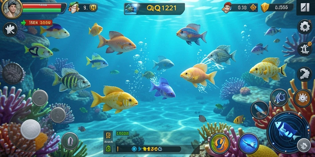 Screenshot utama QQ1221 menampilkan aksi tembak ikan yang seru.